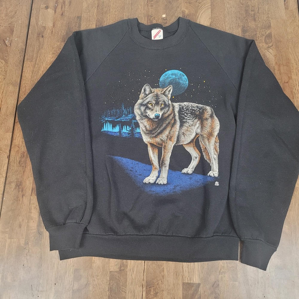 Vintage 1987 Wolf In The Night Moon Men's Sweatshirt Size Medium Jerzee Tag USA